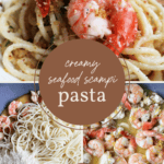 Seafood scampi pasta with shrimp and creamy sauce, perfect for seafood lovers.