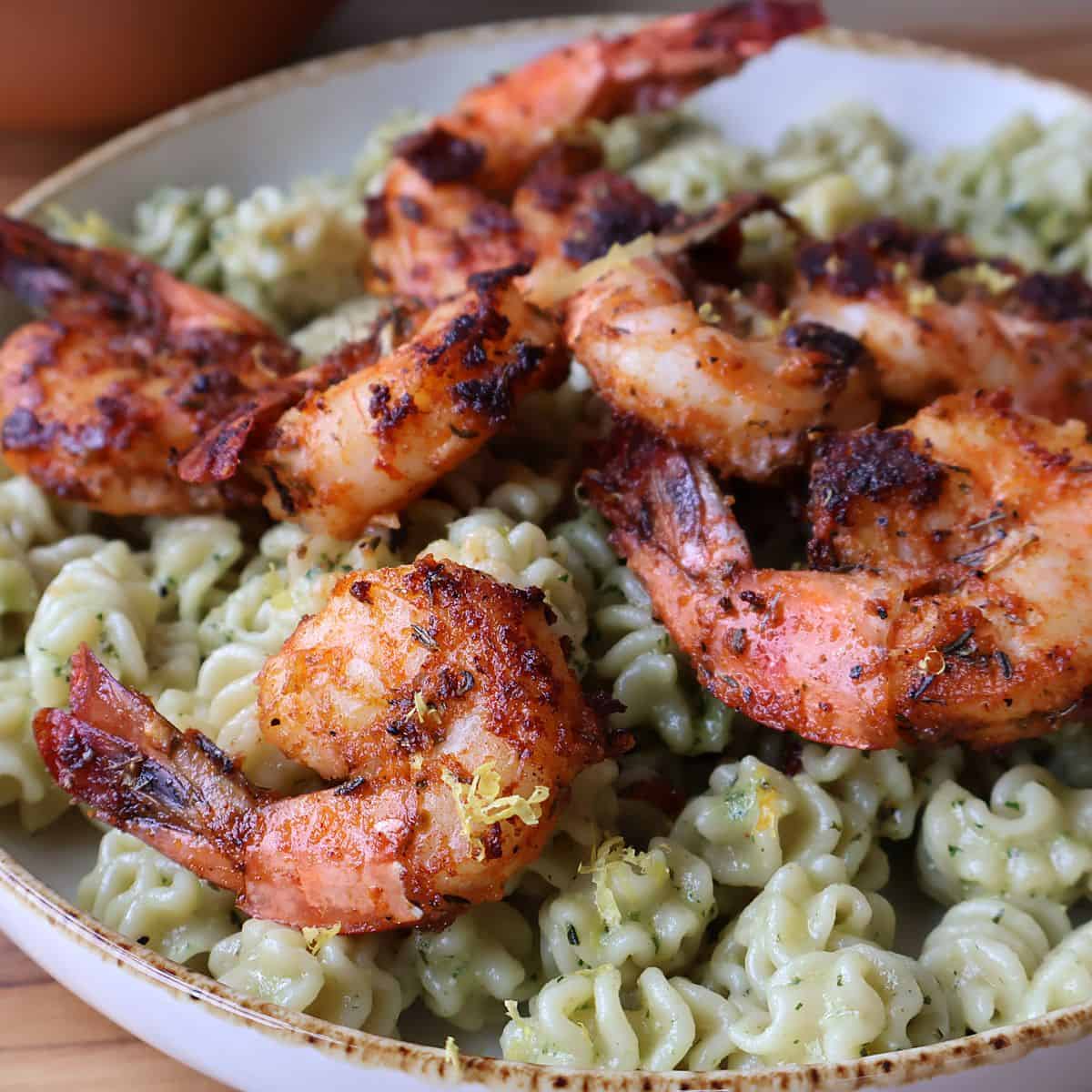 Blackened Shrimp Pasta with Basil Walnut Pesto