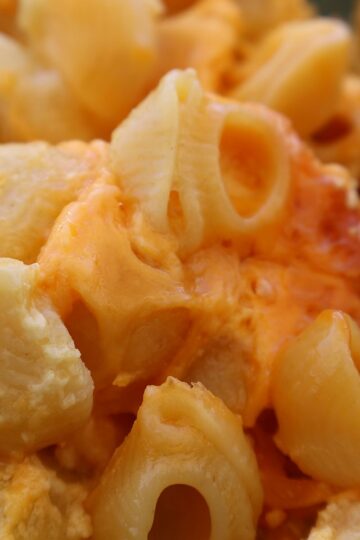 best crock pot mac and cheese in a white bowl topped with parmesan