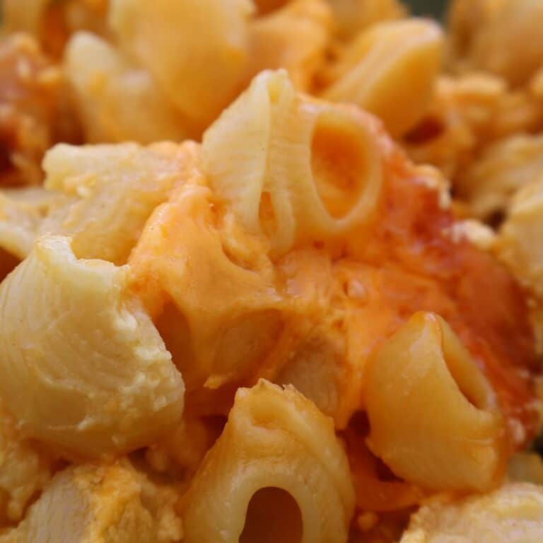 best crock pot mac and cheese in a white bowl topped with parmesan