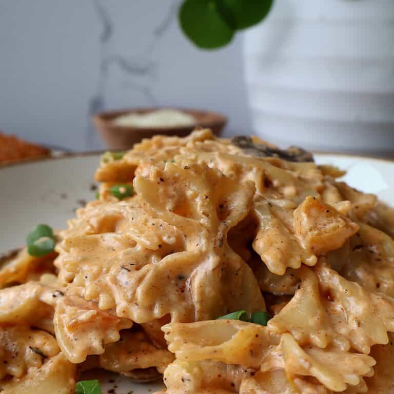 Bowl of Louisiana chicken pasta with cottage cheese sauce