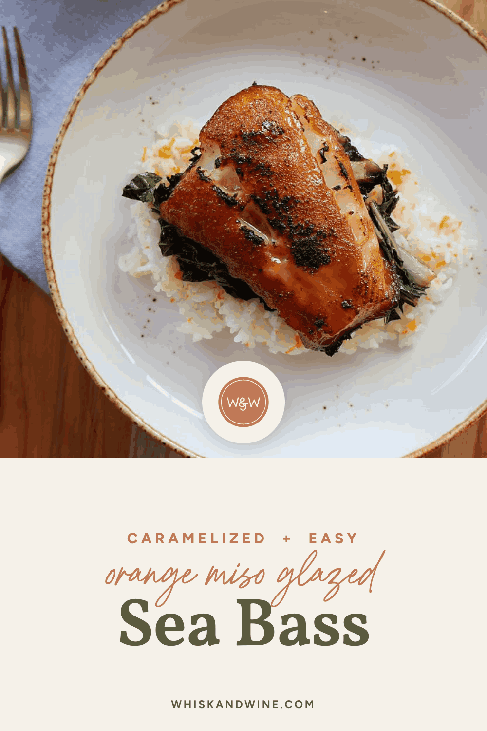 Orange miso glazed sea bass over orange sticky rice — Pinterest pin
