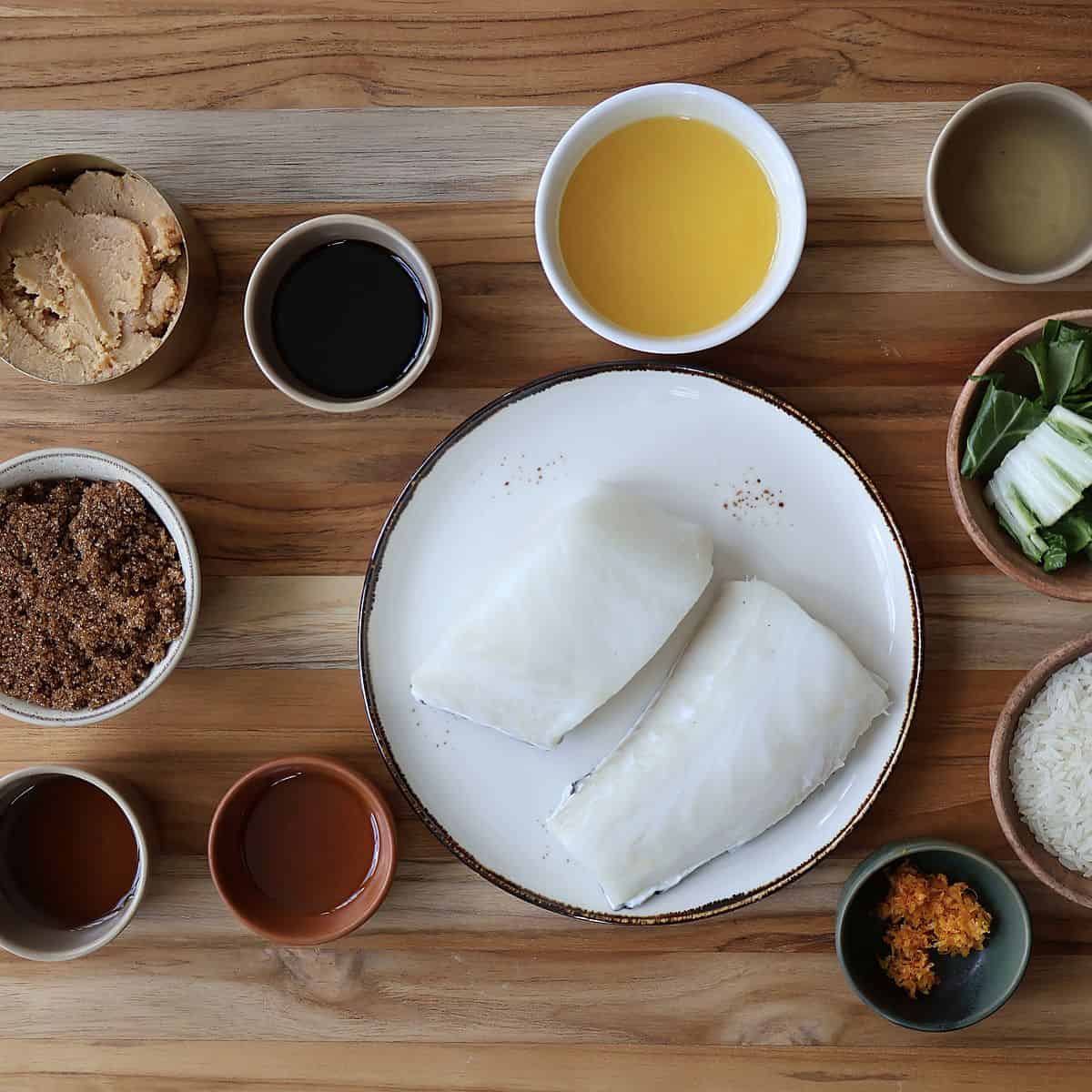 Miso glazed sea bass ingredients flat lay
