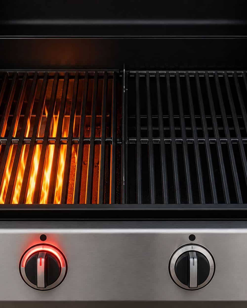 Two-zone fire setup on a gas grill with one side hot and one side cooler