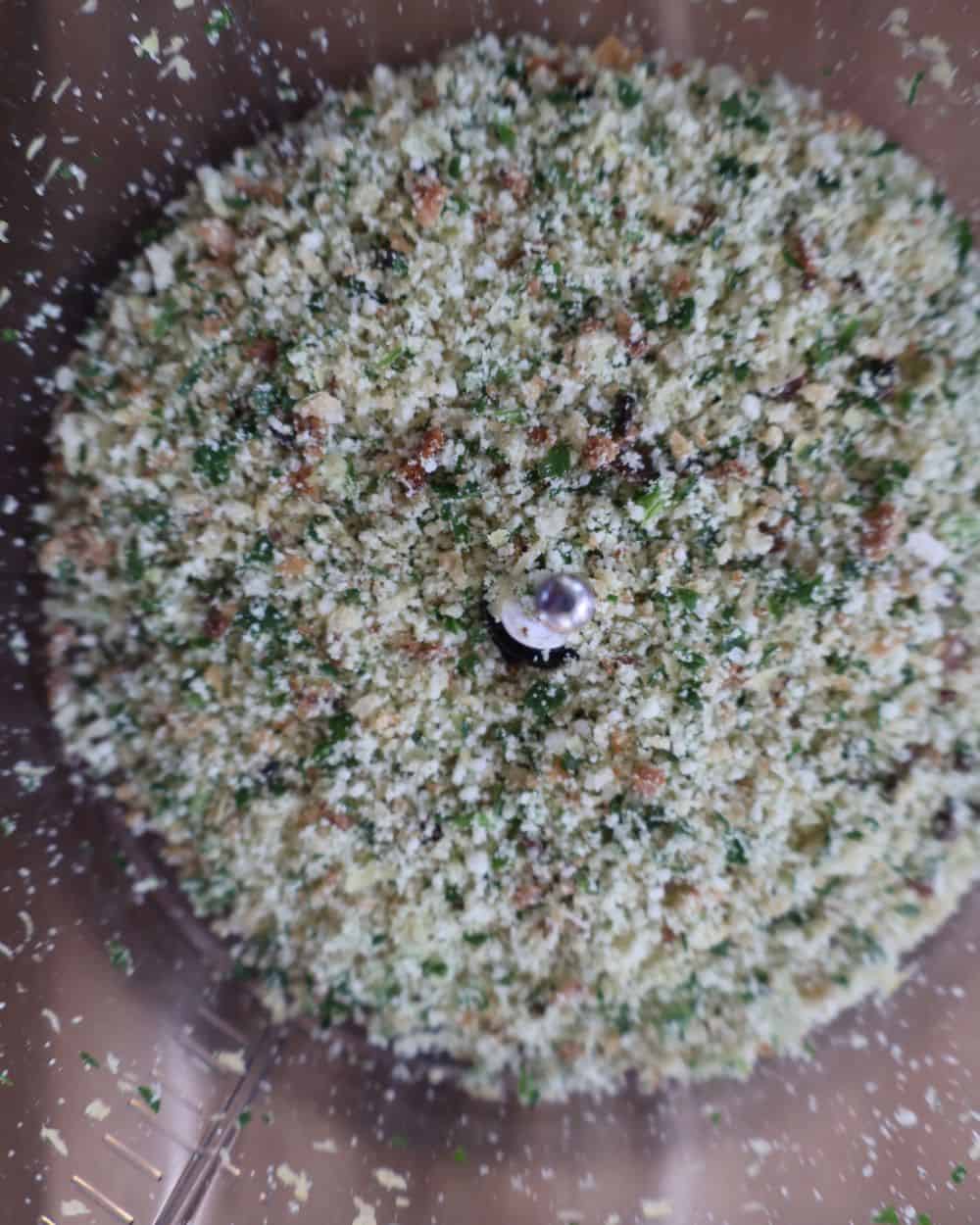 Garlic herb parmesan breadcrumb crust pulsed together in a food processor