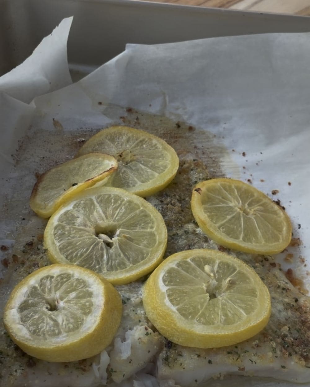 Baked parmesan crusted fish with golden crust and lemon slices fresh from the oven