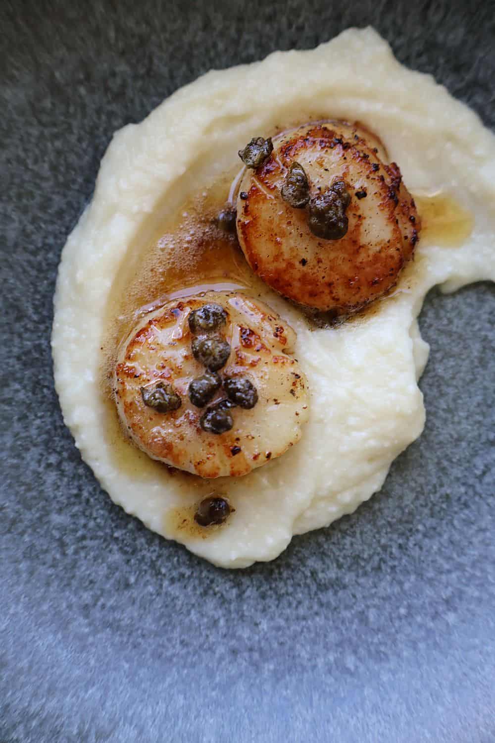 Two golden seared scallops on cauliflower puree topped with caper brown butter
