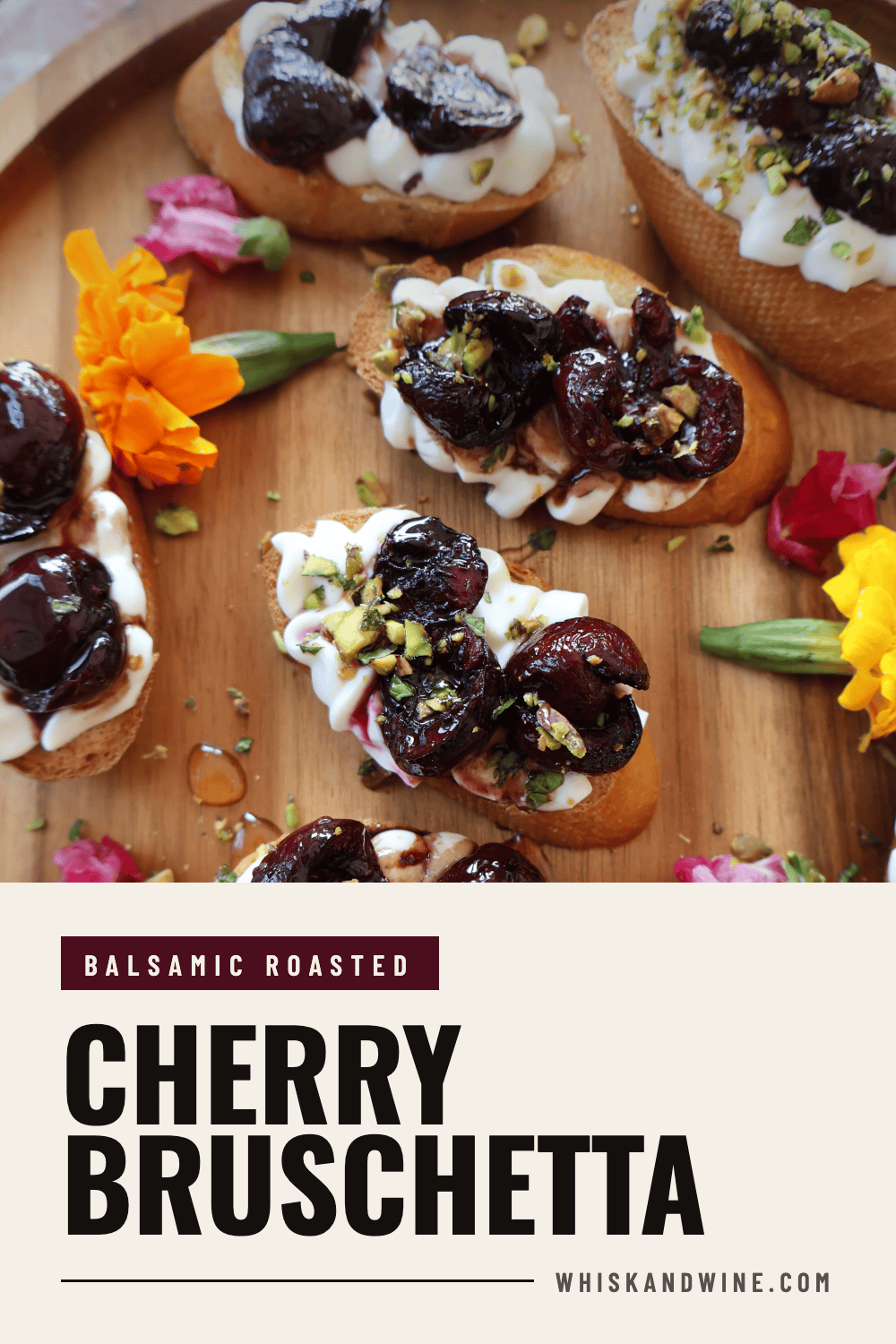 Cherry bruschetta with balsamic roasted cherries and honey whipped ricotta on toasted bread